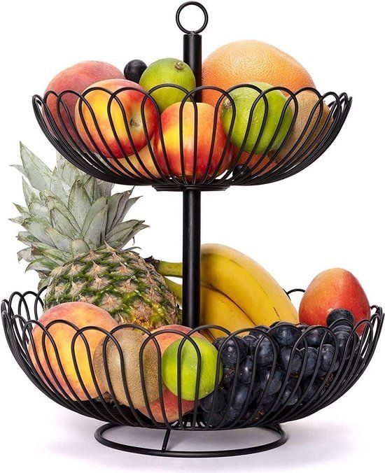 Chefarone Fruit Etagère 2 Laags - Fruitmand Metaal - Fruitschaal - Groentemand - Opberger - Zwart
