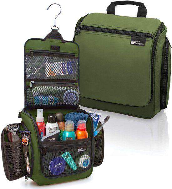 D&D Wanderlust Toilettas met Haak - Groen - Unisex - 6 liter - 10 vakken - Ophangbaar - Polyester