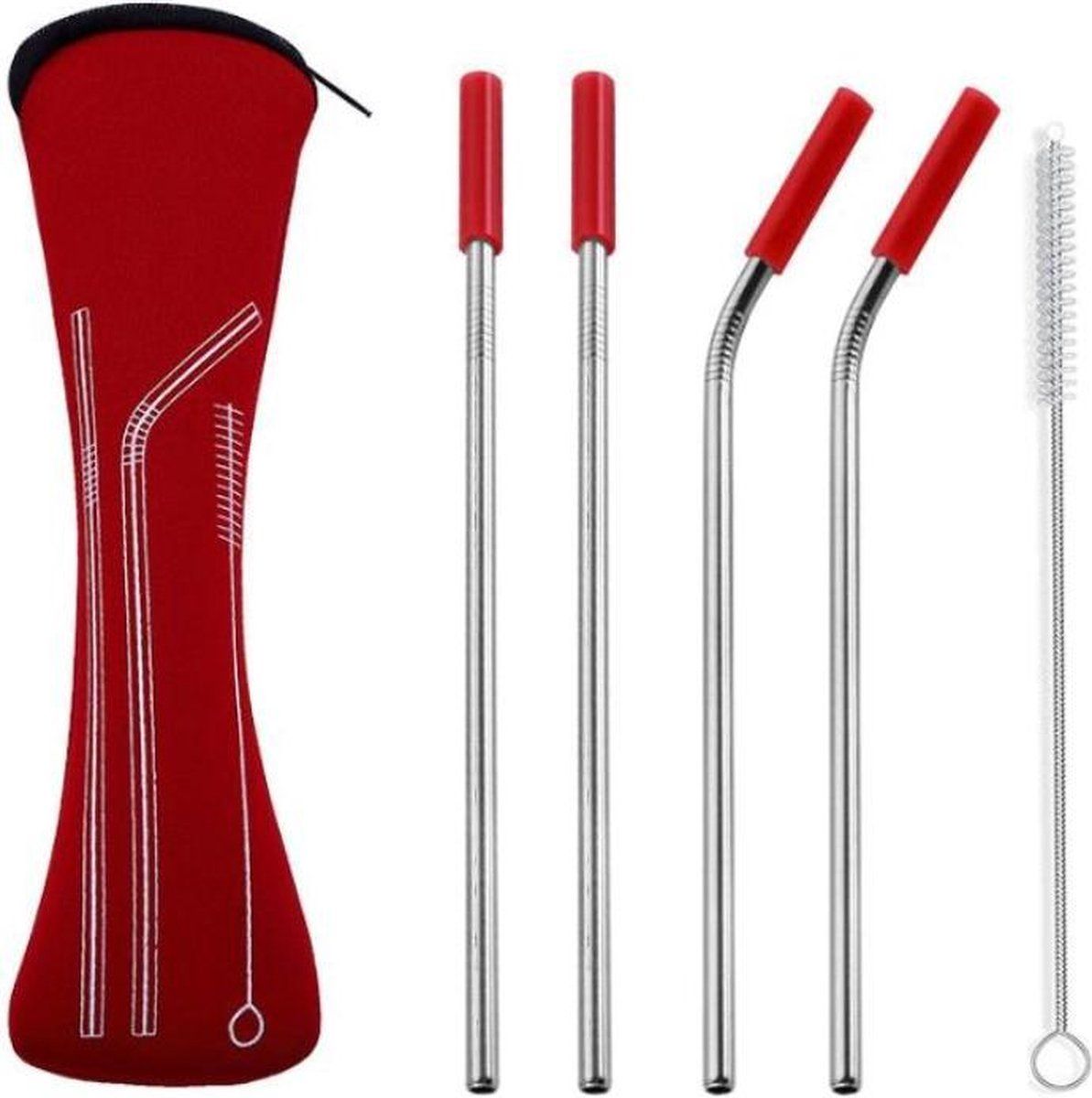 Fako Bijoux RVS Rietjes - 4 Stuks - 2 x Recht & 2 x Gebogen - 21 cm - Rood