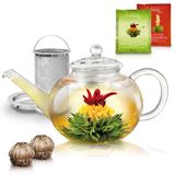 Creano 1,2 liter glazen theepot met 2 bloemen theebloemen bevat fijn roestvrijstalen filter en glazen deksel, druppelvrij, grote capaciteit