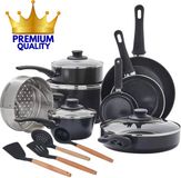 COOCK 22-Delige Pannenset Inductie - Speciale Anti-Aanbak Coating - Ergonomische Koudgrepen - Gerecycled Aluminium - koekenpannenset - kookpottenset - Zwart - Inclusief Onderzetters en E-book