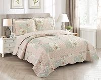 Brilliant Sunshine Traditionele roze en salie patchwork, met rozenknoppatchframes, 3-delige dekbedovertrekset met 2 shams, omkeerbare sprei, lichtgewicht sprei, het hele seizoen, volledig/koningin