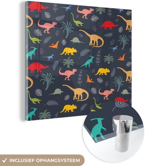 MuchoWow® Glass Painting 90x90 cm - Acrylic Glass Painting - Dinosaurs - Silhouette - Kids Room - Photo on Glass - Paintings