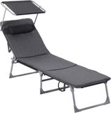 Merkloos Lounger - Hoofdsteun - Zonnekap - Verstelbare Rugleuning - Donkergrijs - 53 x 193 x 29,5 cm