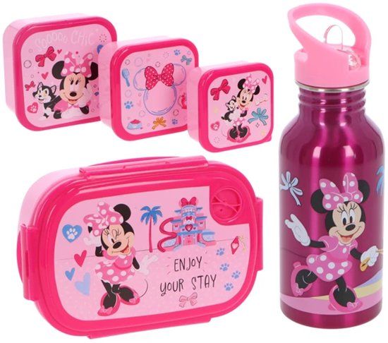 4KidsOnly Minnie Mouse Lunchset 5-delig - Drinkfles - Lunchbox - 3 Snackboxen