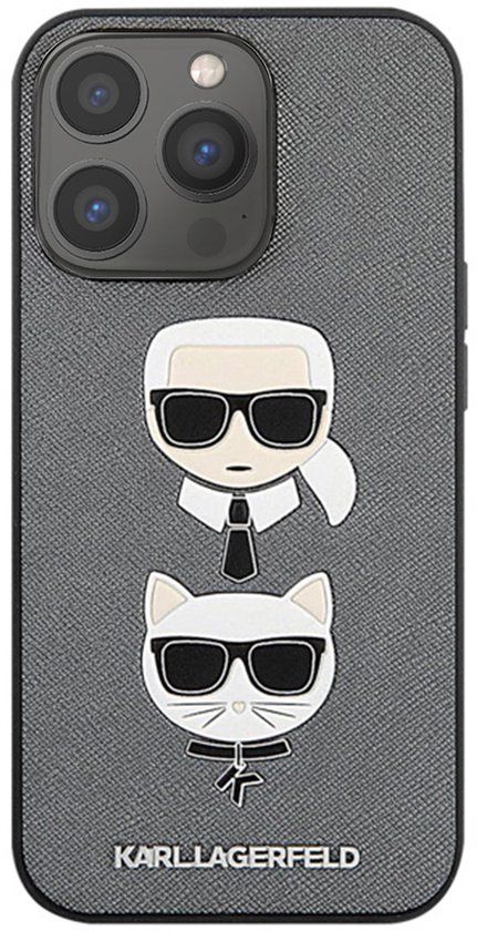 Karl Lagerfeld Zilver hoesje - Hardcase Backcover - iPhone 13 Pro - Karl & Choupette Heads