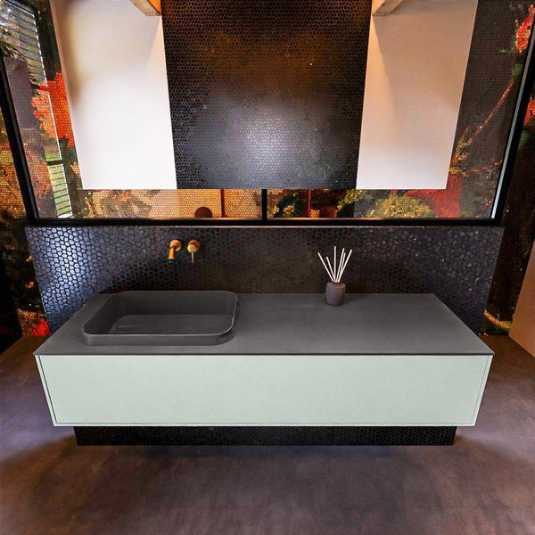 Mondiaz ERIN 150cm badmeubelset onderkast kleur Greey met 1 lade Wastafel RIDGE links zonder kraangaten kleur Dark grey ERIN11610