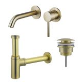 Fortifura Calvi Slim Wastafelkraanset - inbouw wastafelkraan - klikwaste plug - design sifon - PVD - geborsteld messing (goud)