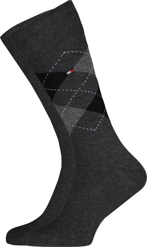 Tommy Hilfiger Check Socks (2-pack) - herensokken katoen - geruit en uni - antraciet
