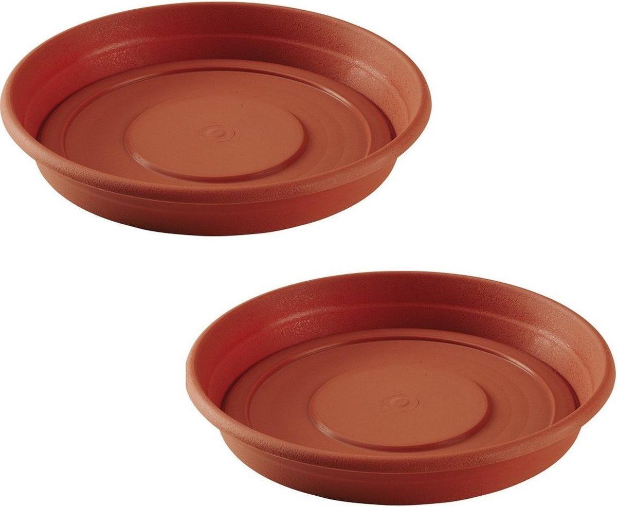 Hega hogar Set van 2x bloempot/plantenpot terra cotta kleur onderschaal/opvangbord kunststof 30 cm