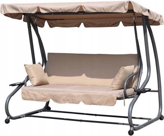 Beige Swing Bench with Folding Backrest - Outdoor Swing - 2 Cushions - 3 Person