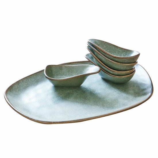 LOBERON Serveerschaal set van 6 Biarré turquoise/bruin