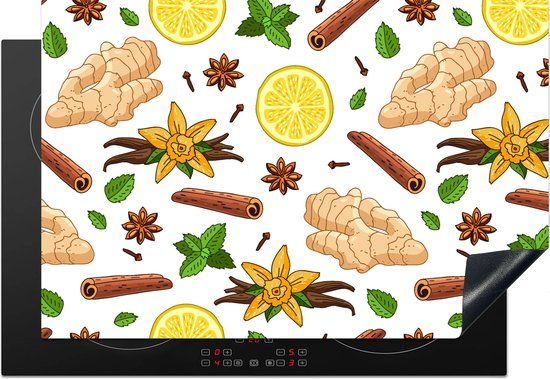 KitchenYeah® Inductie beschermer 77x51 cm - Gember - Kaneel - Citroen - Anijs - Inductiebeschermer voor Inductie Kookplaat - Multicolor