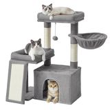 Feandrea Krabpaal, Kattenboom met Sisal Krabplank, 50 x 40 x 90 cm | Kattenhuis, Hangmat en 2 Pluche Kattenmanden, voor Kittens en Oudere Katten, Duif grijs, CLAWFY Collectie PCT013GD01