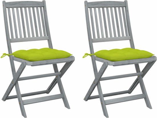 vidaXL Set van 2 klapstoelen met kussens, massief acaciahout, helder groen