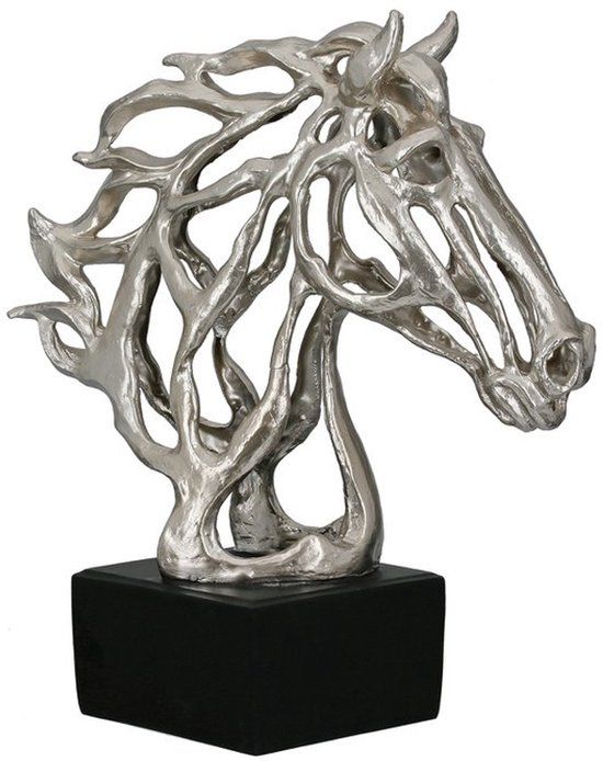 Gilde handwerk Decoratie Sculptuur object paard Cheval H 39,5 cm Kunsthars Zilverkleurig
