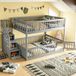 Lit superposé 140x200 avec escalier et tiroirs de rangement, lit enfant en bois gris avec espace de jeu modulable et barrières de sécurité