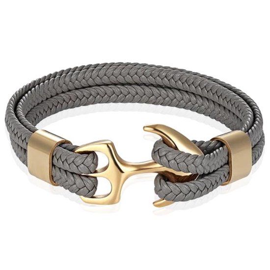 TJ Tom Jaxon Tom Jaxon Heren armband Anker gevlochten Leer Goudkleurig Grijs - 18cm
