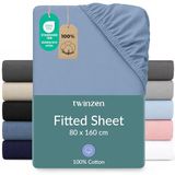 Twinzen hoeslaken 80 x 160 cm - 100% katoenjersey, lichtblauw - Oeko-Tex gecertificeerd - Eenpersoons hoeslaken 80 x 160 cm