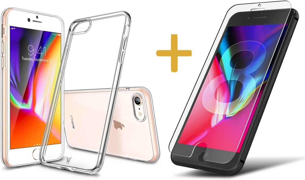 iCall Apple iPhone 8 - Hardcase met Soft Siliconen TPU Zijkant Transparant Hoesje + Screenprotector Gehard Tempered Glass - 360 Graden Bescherming