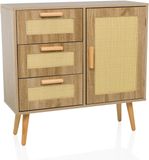 hjh LIVING Stryn Commode van gevlochten rotan met 1 deur en 3 laden, voor woonkamer, slaapkamer, hal, lichtbruin, 80 x 32,5 x 78 cm