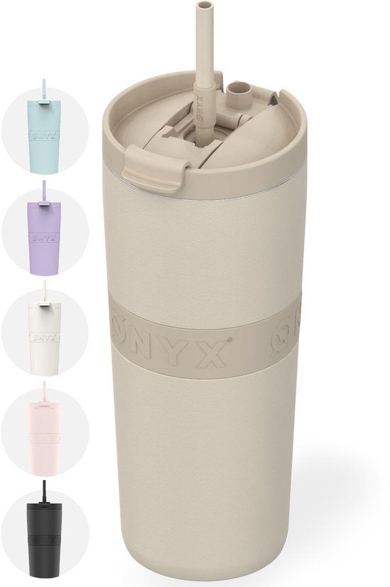 ONYX Drinkfles met Rietje 700ML - Waterfles voor Kinderen & Volwassenen - Thermosbeker RVS Travel Mug - Motiverende Drinkbus - Drinkbeker voor School - Sand Beige