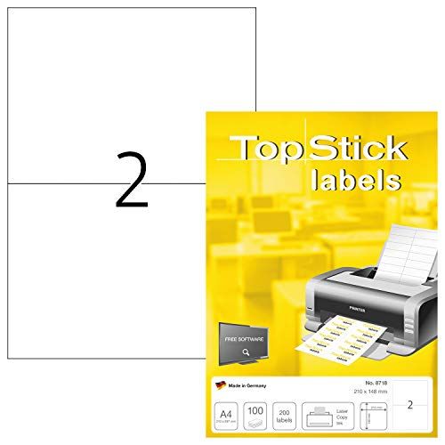 TopStick 8718 universele etiketten DIN A4 groot (210 x 148 mm, 100 vellen, papier, mat) zelfklevend, bedrukbaar, permanent hechtend adresstickers, 200 kleefetiketten, wit