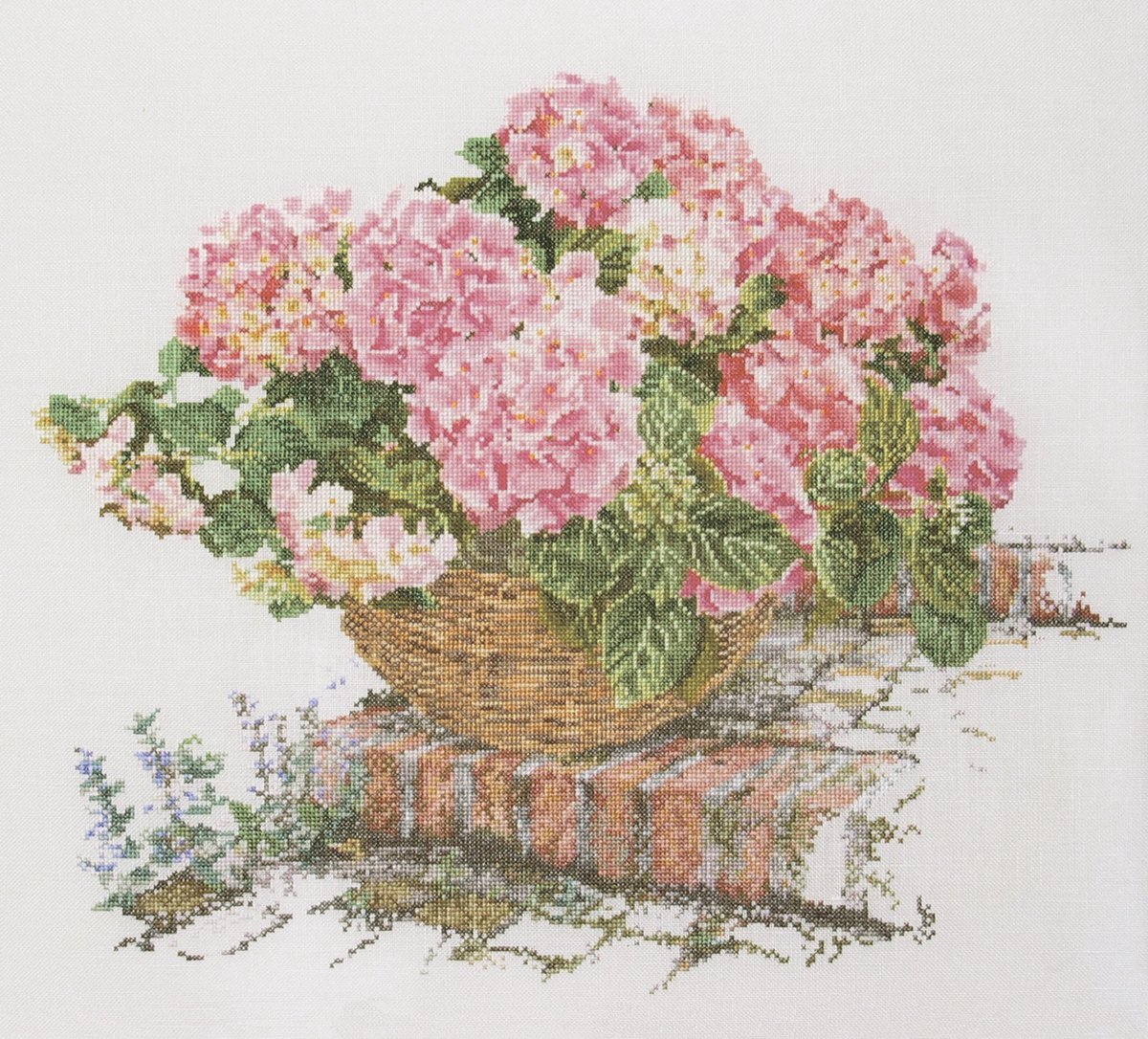 Thea Gouverneur Thea Gouverneur - Borduurpakket met telpatroon - 2047A - Voorgesorteerde DMC Garens - Roze Hortensia - Aida - 44 cm x 39 cm - DIY Kit