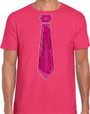 Bellatio Decorations Verkleed shirt heren - stropdas glitter roze - roze - carnaval - foute party L