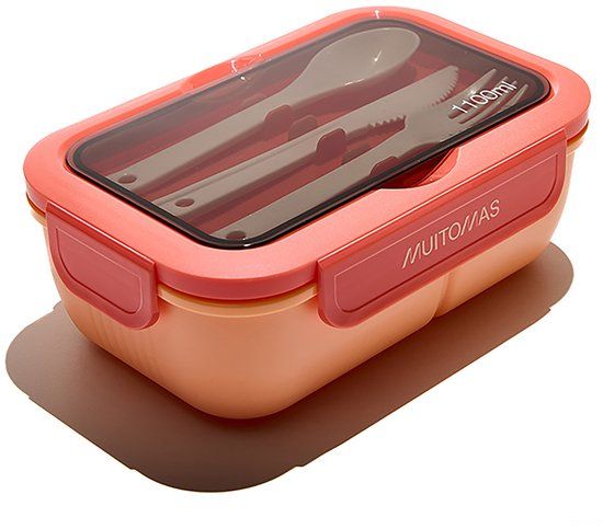 Muitomas Lunchtrommel - 1,1 Liter – 3 compartimenten – Magnetron & vaatwasser bestendig - Inclusief bestek - Peach Fuzz