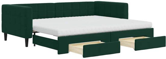 vidaXL Slaapbank met onderschuifbed en lades 90x200 cm fluweel donkergroen
