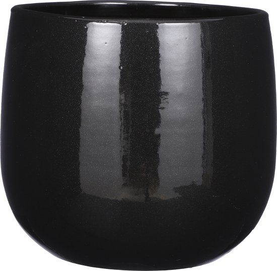 Mica Decorations - Plantenpot/bloempot - keramiek - zwart glans/spotted- D29/H25 cm