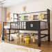 Ropilly Kinderbed 90x200 cm, laag model hoogslaper met metalen frame, veiligheidshek, netrek en kledingroede, zwart, geschikt voor kinderen en tieners