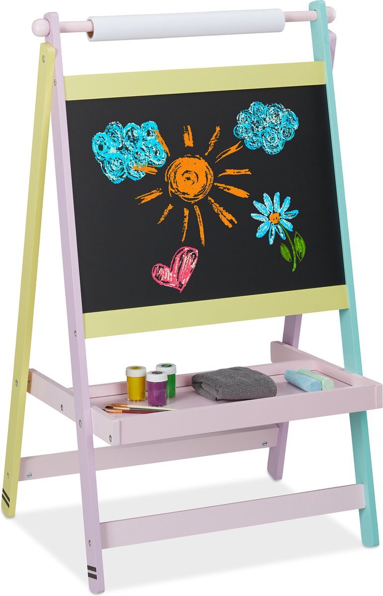 Relaxdays schoolbord kinderen - krijtbord met rol papier - staand - tekenbord - speelbord