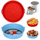 Alyvisun Air Fryer Silicone Pot, 2 Stuks Airfryer Pan Liners Herbruikbare Heteluchtfriteuse Mand Rond Tray Rack Accessoires Basket voor Air Fryers, Magnetron, Oven (Rood + Luchtblauw)