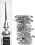Decoris Kaemingk B.V. Kerstversiering glazen piek mat 26 cm en sterren folieslingers pakket zilver van 3x stuks
