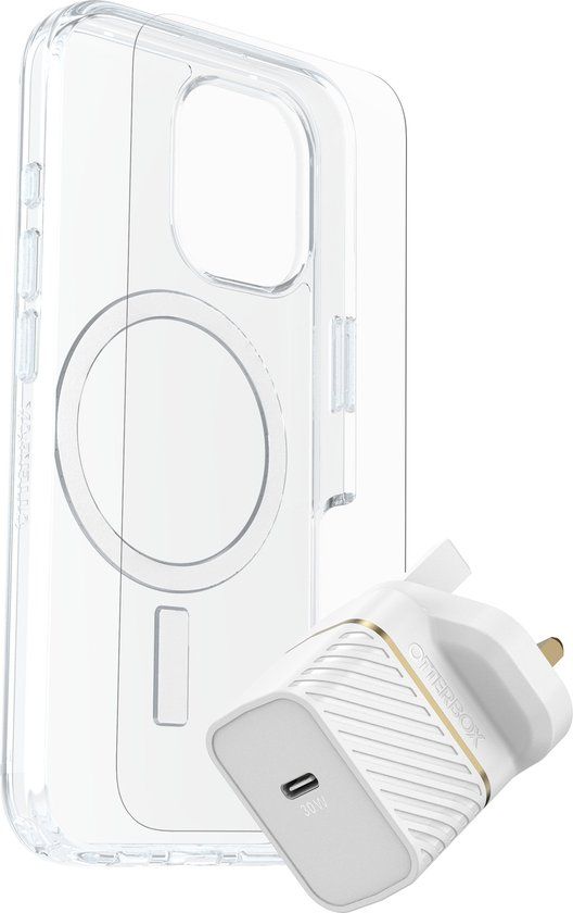 OtterBox Symmetry Series Clear voor MagSafe + Premium Glass + Fast Charge Wall Charger USB-C 30W Type G voor Apple iPhone 16