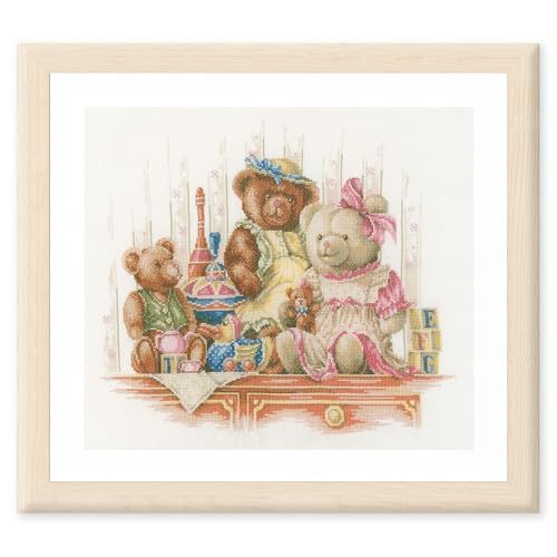 LANARTE Borduurpakket Kruissteek Schilderij BEREN EN SPEELGOED Handwerkpakket voor Wanddecoratie 44 x 34 cm Borduurwerk met Telpatroon DIY Kit Moderne Kruissteek Cadeau Knutselen Voor Volwassenen