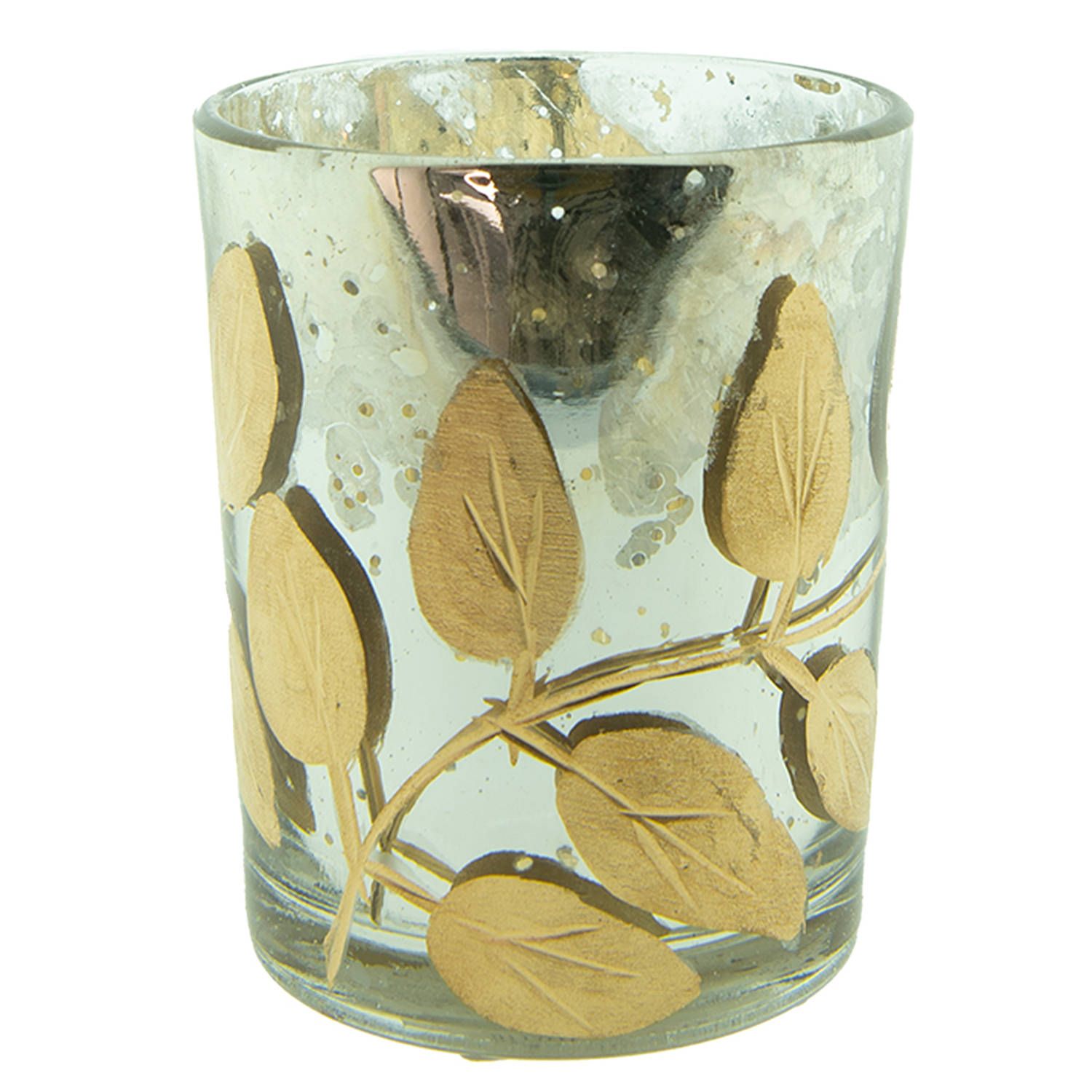 Clayre & Eef Theelichthouder ø 6x7 cm Zilverkleurig Glas Blaadjes Waxinelichthouder Windlichthouder