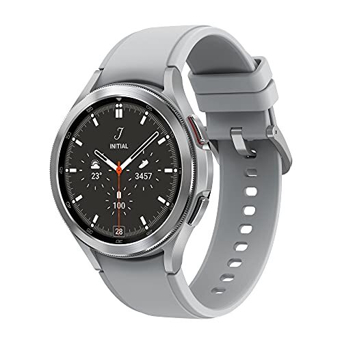 Samsung Galaxy Watch4 Classic, rond Bluetooth smartwatch, Wear OS, draaibare lunette, fitnesshorloge, fitnesstracker, 46 mm, zilver incl. 3 [exclusief bij Amazon]