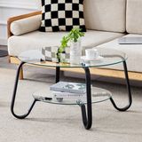 STILVORA Salontafel - Rond Met 2 Glazen Niveaus - Industrieel Design - Metaal Zwart