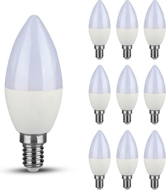 HOFTRONIC V-TAC Voordeelverpakking - 10x E14 LED lampen - 3,7 Watt 320 lumen - Vervangt 25 Watt - 3000K warm wit licht - C37 kaarslampen