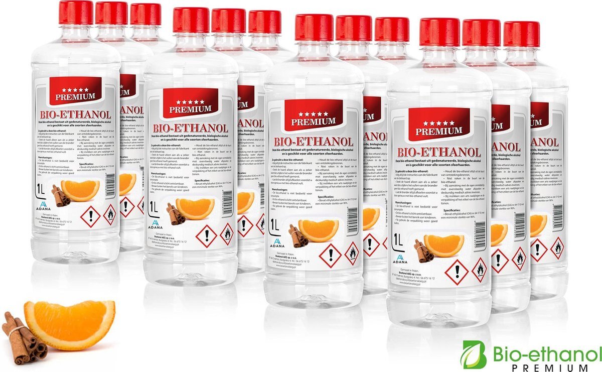 - Bio-Ethanol met Sinaasappel & Kaneelgeur -PREMIUM- bioethanol 96,6%- biobrandstof – 12x1 liter