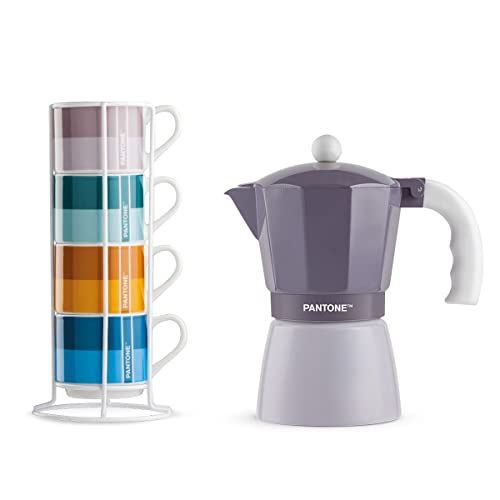 Egan Impil Koffiekopjes Set - 4 Kopjes met Metalen Rack - Panton Linear + Moka Violet