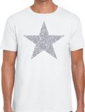 Bellatio Decorations De Ster van de show - verkleed t-shirt - wit - met zilveren ster in glitters - heren - glamour - Disco S