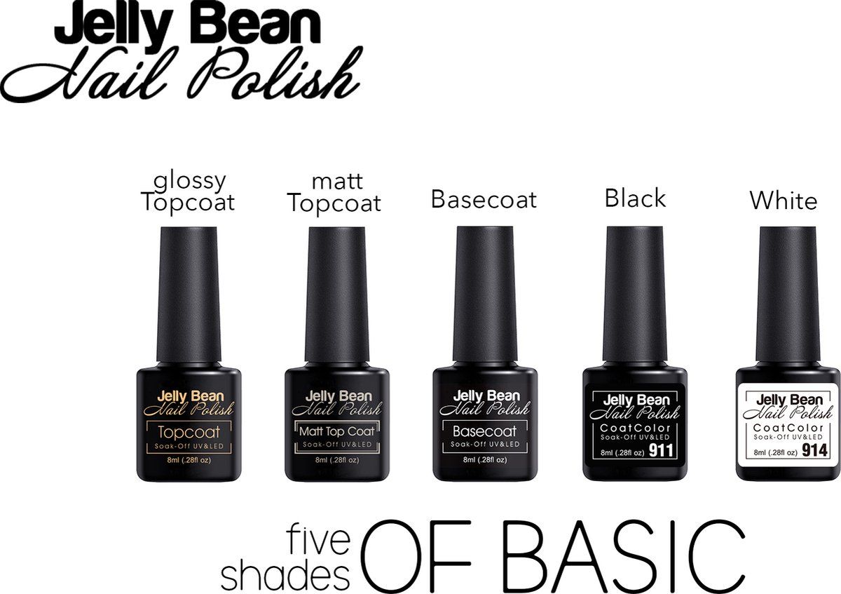 Jelly Bean Nail Polish Gel Nagellak New - Five shades of basic - voordeelset - UV Nagellak 8ml