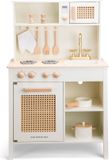 New Woet® Houten Speelgoed Kinderkeuken - Speelkeukentje met Rotan Details en Gouden Kraan - Speelkeuken Gebroken Wit met Diverse Accessoires - Werkbladhoogte 55 cm - Rollenspel - Vanaf 3 Jaar