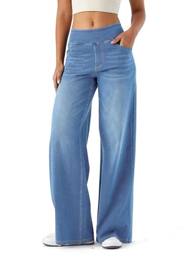 LaiEr Dames Jeans Broek met Wijde Pijpen, Baggy Denim Broek hoge taille en Meerdere Zakken, Rechte Buis, Losse Pasvorm, Hoge Elasticiteit Casual Vrouwen Jeans Met (Lichtblauw, L)