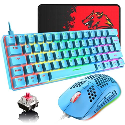 LexonElec 60% Mechanisch Toetsenbord Compact mini 62 Toetsen Bedrade USB C Regenboog Achtergrondverlichting Gaming-Toetsenbord + RGB 6400 DPI Muis lichtgewicht Mouse + Muismat - Blauw/Rode schakelaar