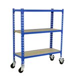 Simon Rack Metalen stelling met wielen 975x1100x400 mm - Maderclick | 3 niveaus, Houten legbord, 75 kg buigbelasting, Corrosiewerende coating, Montage met kliksysteem, Blauw
